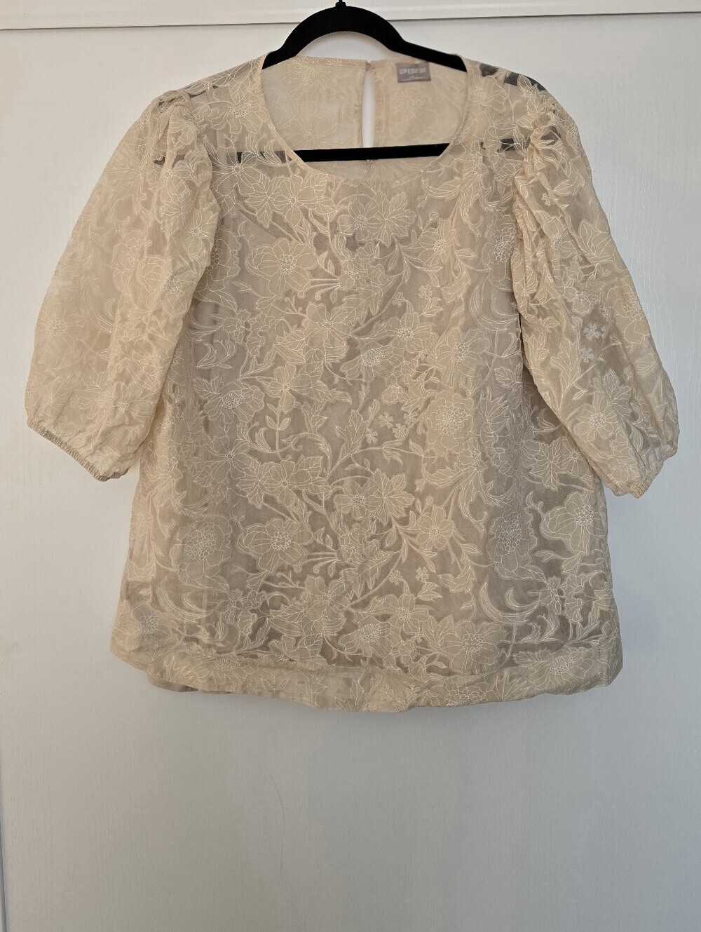 Chico's - Floral Lace Overlay Puff Sleeve Top W Detachable Shell Tank Top Lining